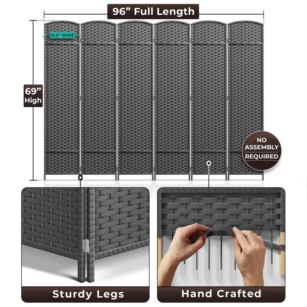 6 Panel Room Divider. 6ft Tall Extra Wide Folding Privacy Screen with Hand-Woven Mesh Panels