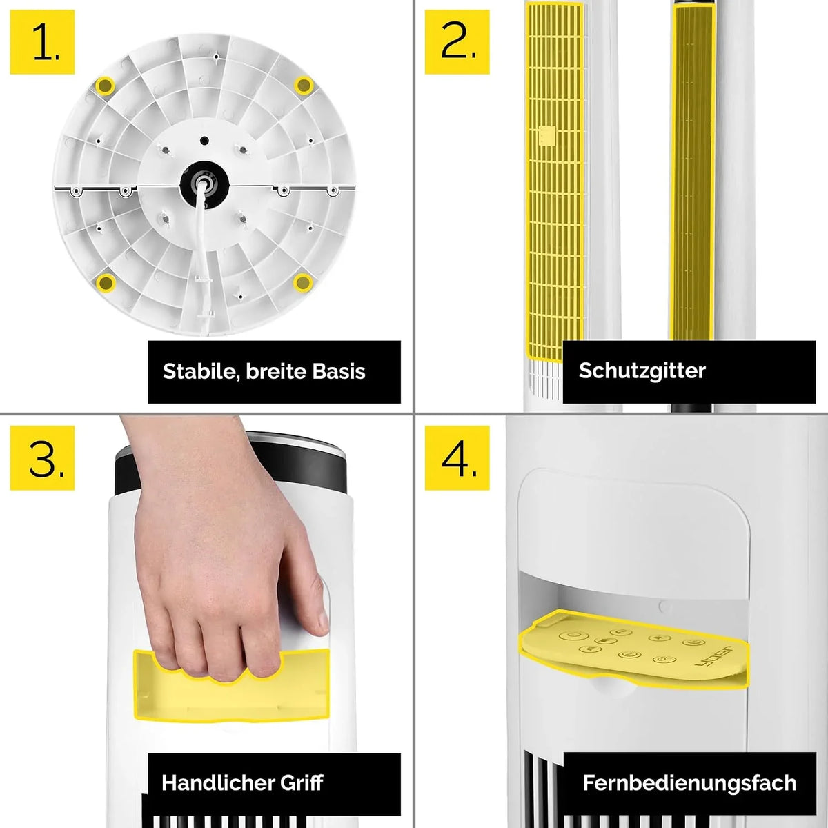 Yoer 29dB Leiser Turmventilator. Ionisator. 10 m Reichweite. Neigungswinkeleinstellung. 12 Geschwindigstufen. 4 Modi. 12 Std. Timer. 90° Oszillation.