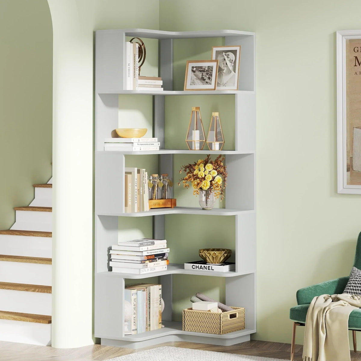 64.9 Inch Tall 6-Tier Corner Bookshelf. Freestanding Wood Industrial Bookcase