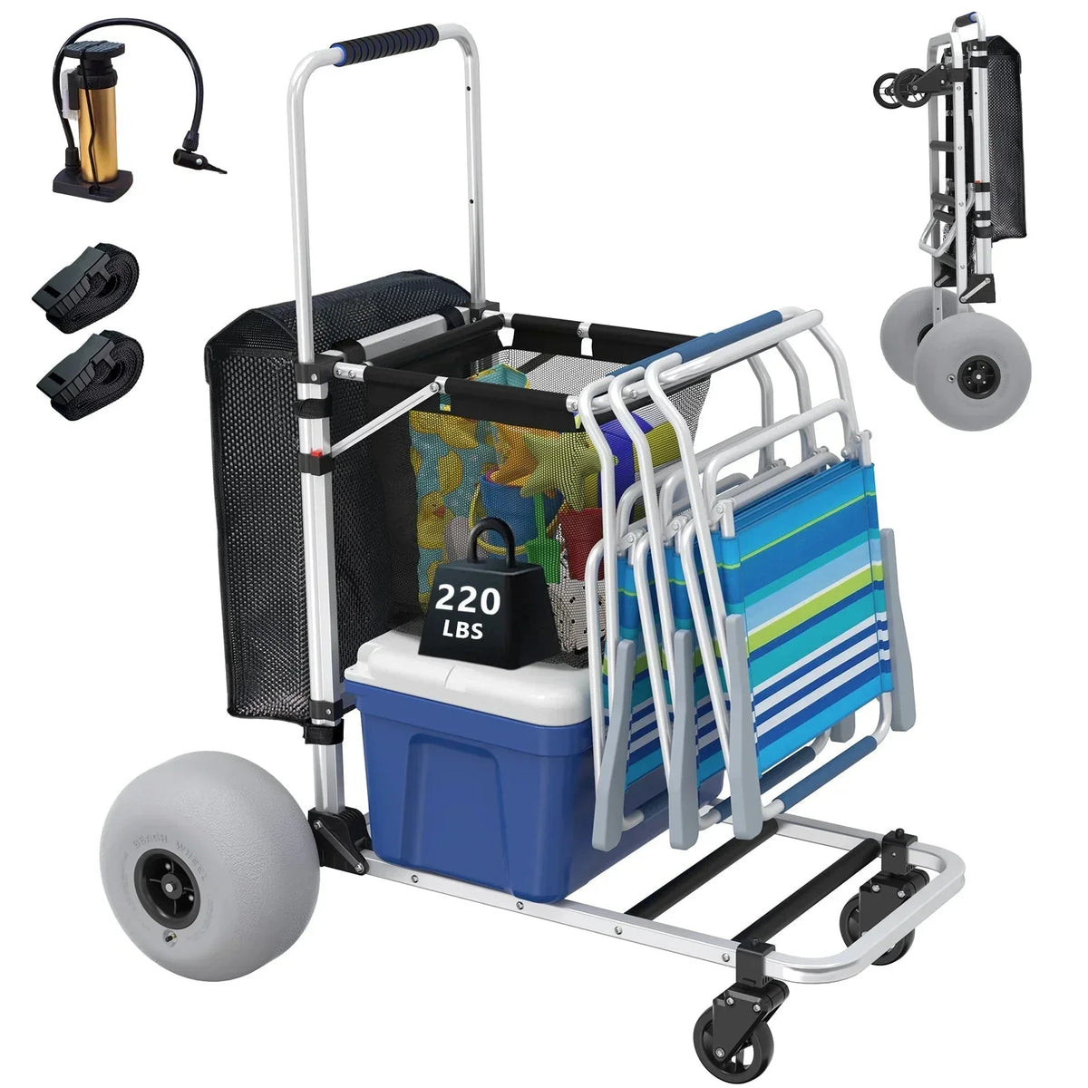 Foldable Beach Cart with Adjustable Handle and 12 Balloon Wheels. Heavy Duty Aluminum 220LBS Capacity