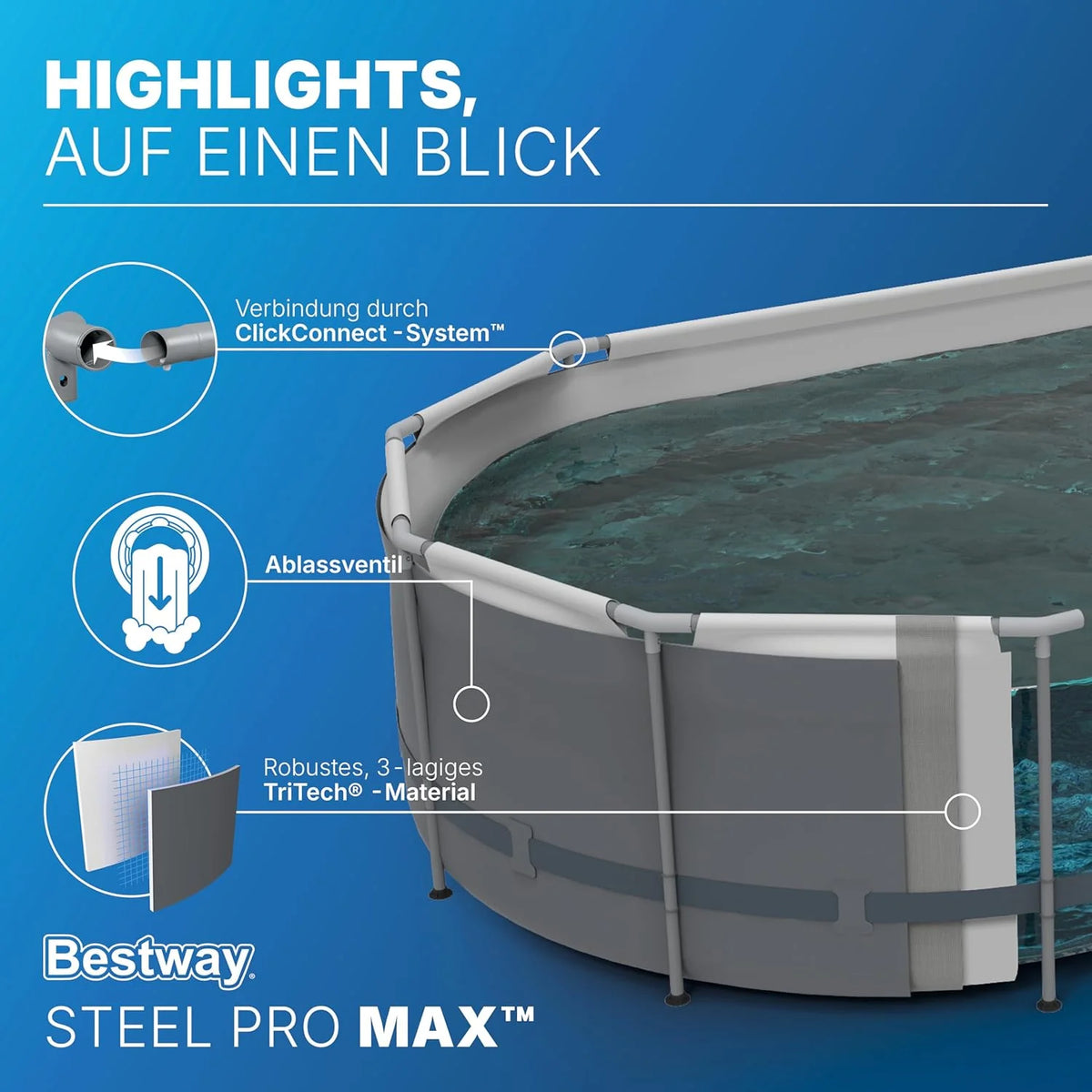 Bestway Power Steel Frame Pool Set mit Filterpumpe 305 x 200 x 84 cm. grau. oval
