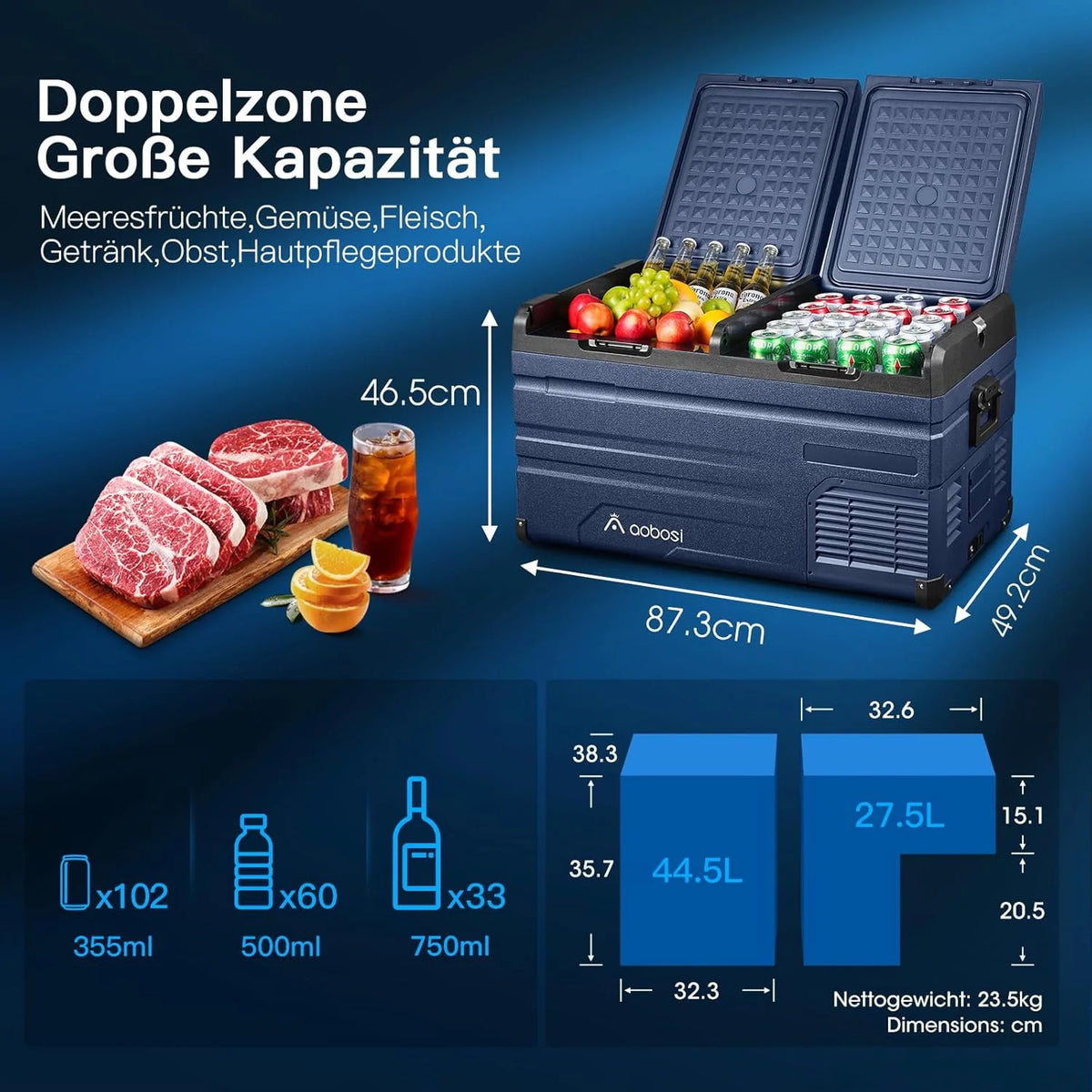 AAOBOSI 72L Kompressor Kühlbox. Dual Zone. Camping Kühlschrank mit APP. -20°C bis 20°C. USB-Handy-Ladung. LED-Beleuchtung. 12/24V und 100-240V.