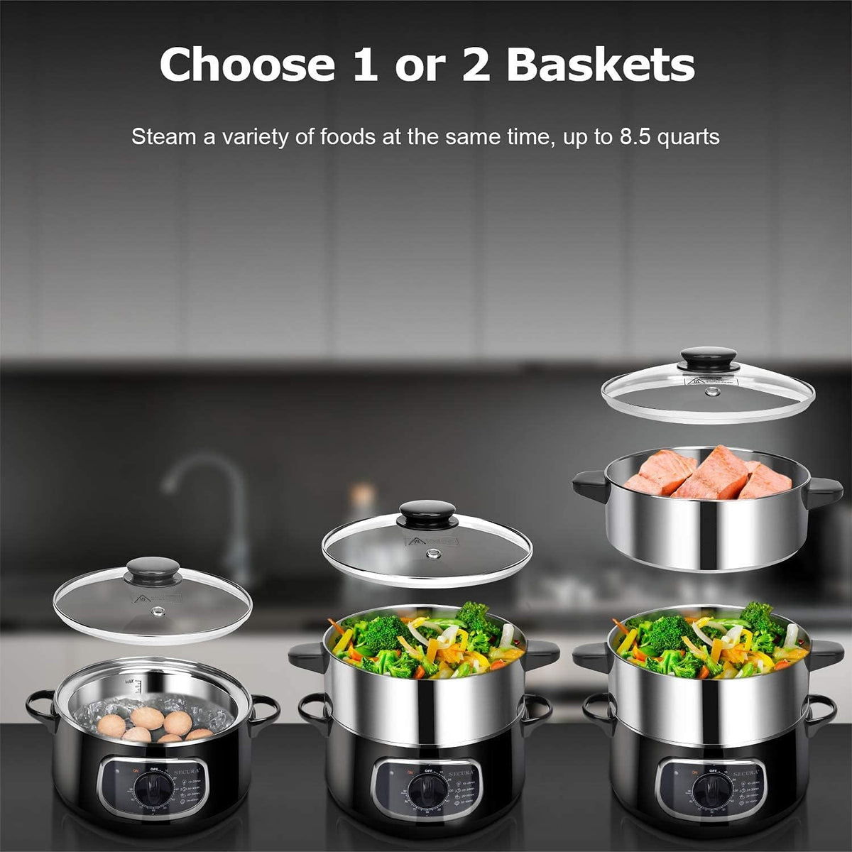 2 stainless steel food steamers. 8.5 liters capacity. electric glass-covered vegetable steamer. double-layer stackable steaming basket. with timer included