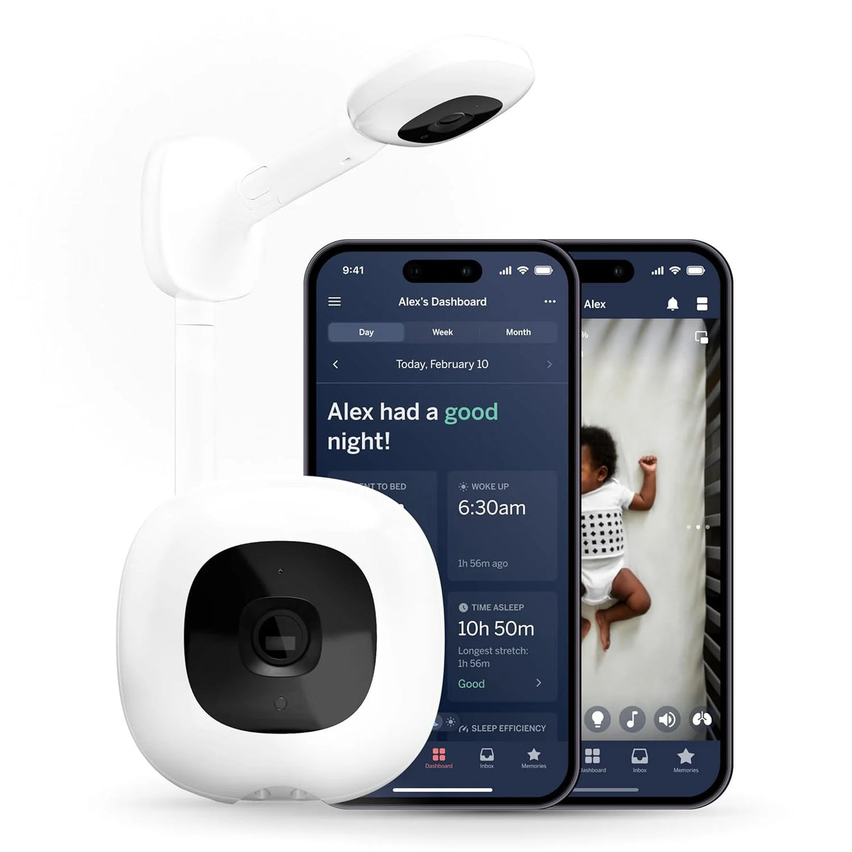 Smart baby monitor and wall-mounted device - 1080p security Wi-Fi video camera. sensor-free sleep and breathing motion tracker. two-way audio. sound and motion alerts. night vision function. breathing band - white