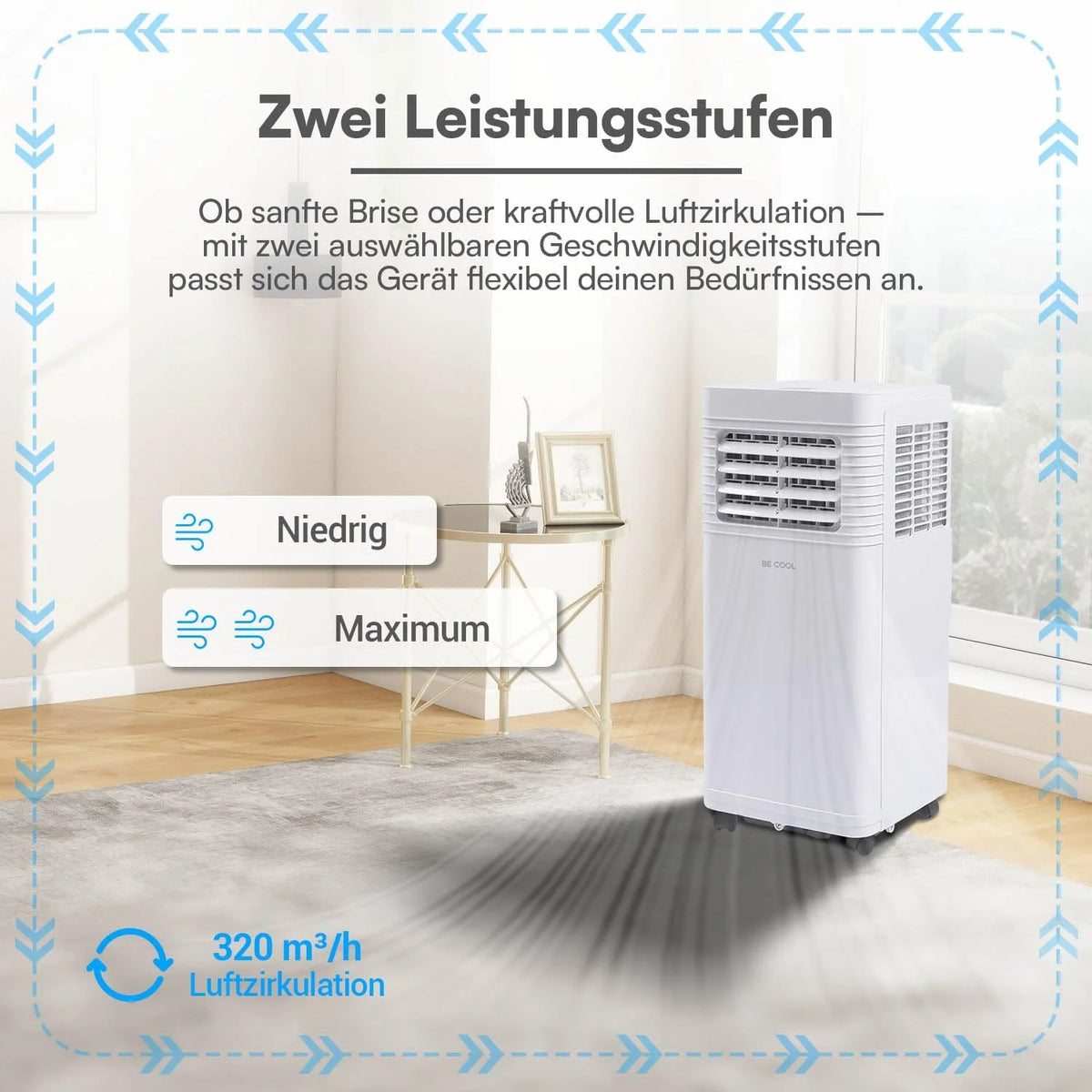BE COOL Mobiles Klimagerät 7000 BTU mit WLAN. 3in1 Klimaanlage zum Kühlen. Entfeuchten & Lüften. für Räume bis 24 m². Fernbedienung. Timer.