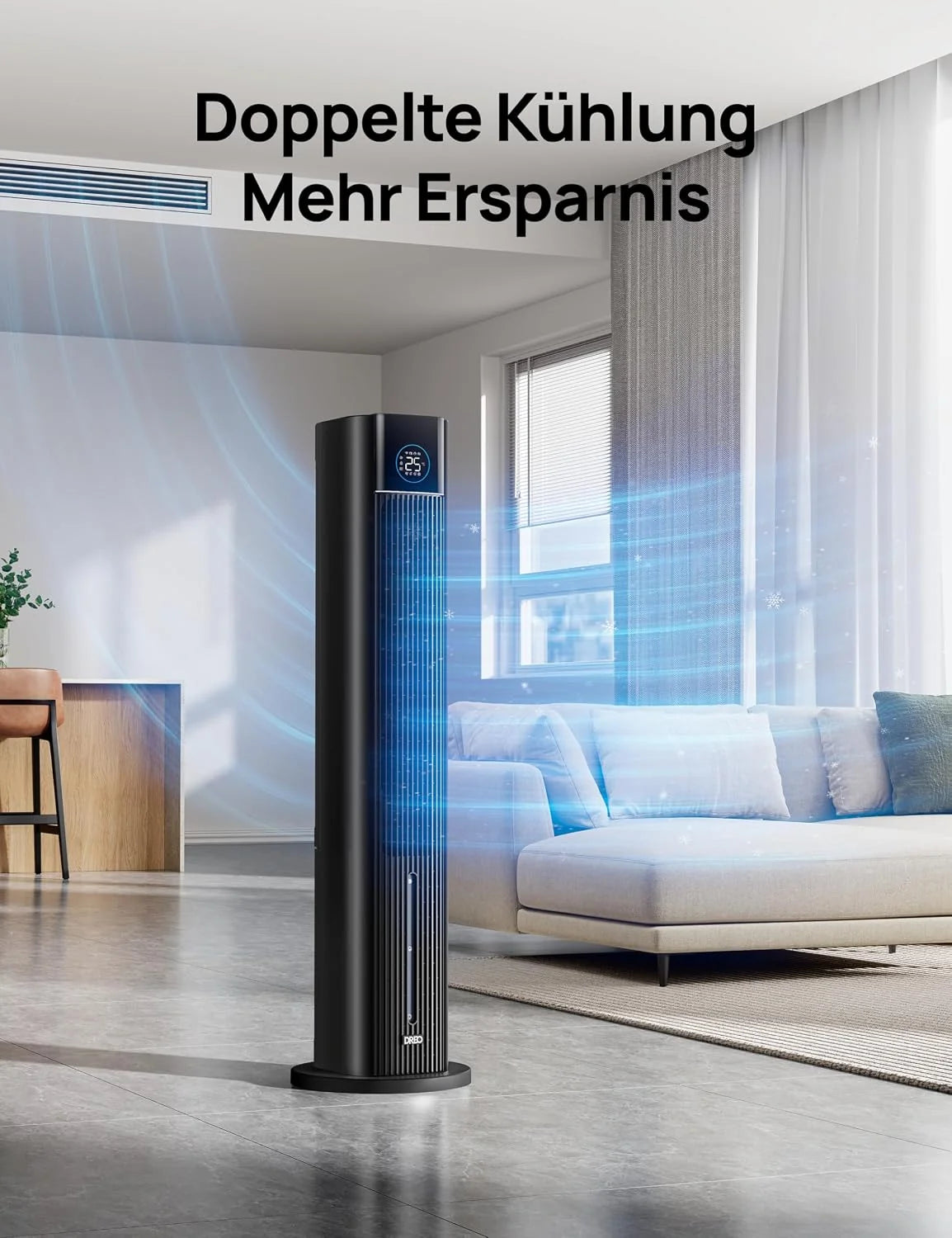DREO Turmventilator mit Wasserkühlung. 110 cm Luftkühler mit Wasserkühlung Leise. 4-Geschwindigkeiten-4-Modi Verdunstungskühler. APP-Steuerung.