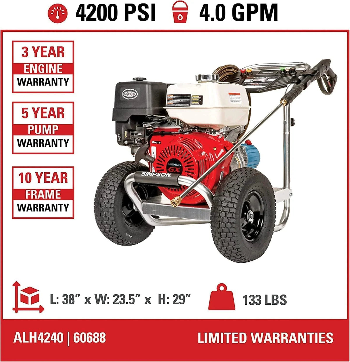 Cleaning ALH3425 Aluminum Series 3600 PSI Gas Pressure Washer. 2.5 GPM. Honda GX200 Engine. Includes Spray Gun and Extension Wand. 5 QC Nozzle Tips. 5/16-inch x 35-foot MorFlex Hose.