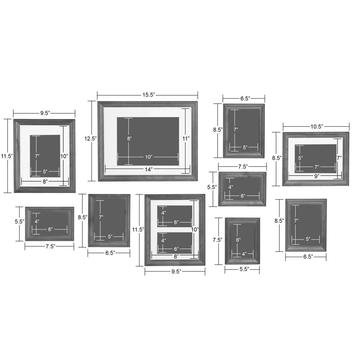 10-Piece Wood Gallery Wall Picture Frame Set. Decorative Photo Display Frames for Living Room. Bedroom and Home Decor