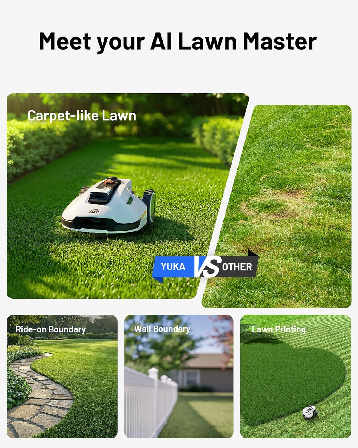 2000 Robot Lawn Mower with 4G. Reception 0.5 Acre.Max. 0.7 Acre. Ultrasense AI Vision & RTK. Auto Mapping & App Control.45% Slope.Wireless Perimeter.Dual Cutting Discs. 20 Mowing Zones