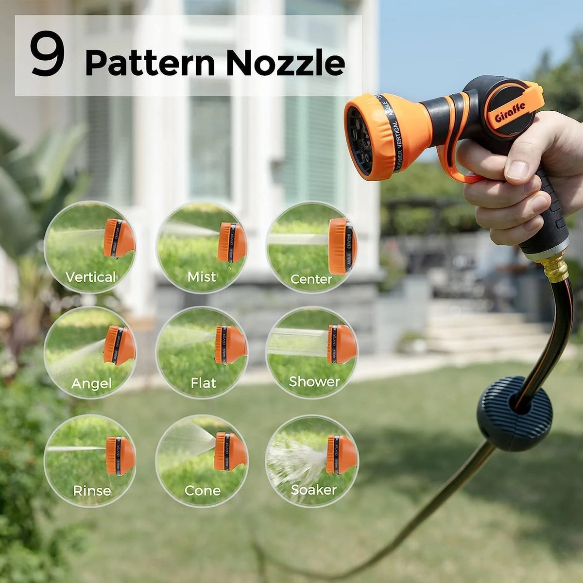 Tool-extendable garden hose reel. inner diameter 1/2 inch. length 155 inches. equipped with 5-foot extension hose. sturdy and durable. lockable at any length. slow retraction system. wall-mounted design. 180-degree rotating bracket