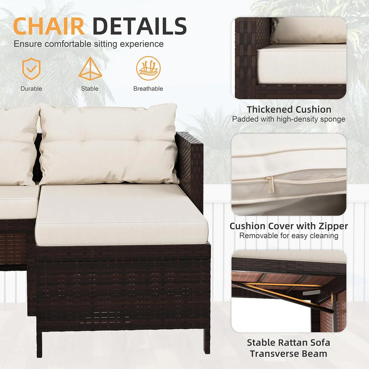 Outdoor Patio Furniture Sets. Wicker Patio sectional Sets 3-Piece. All Weather Wicker Rattan Patio Seating Sofas with Glass Coffee Table and Cushion (Beige)