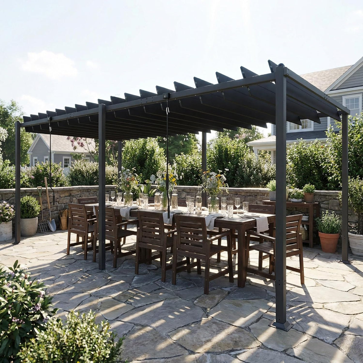 Outsunny Pérgola de Jardín 3x5.7 m. Cenador de Jardín con Techo de Lamas Ajustable a 90°. Manivela. Estructura de Aluminio. Protección UPF50+.