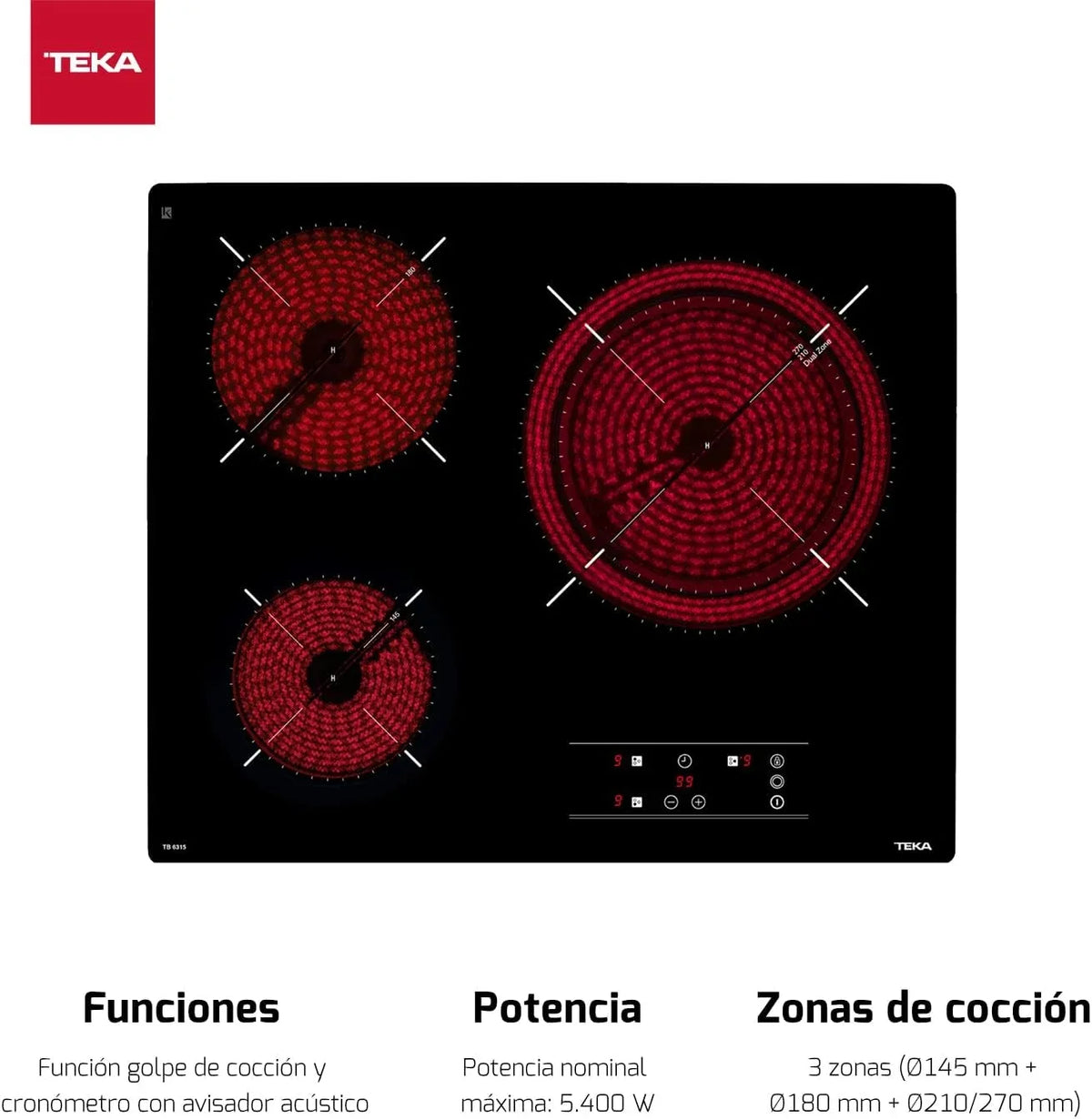 TEKA Placa Vitrocerámica 60 cm. 3 Fuegos. Touch Control. Función Stop & Go. Indicador de Calor Residual. Modelo TB 6315