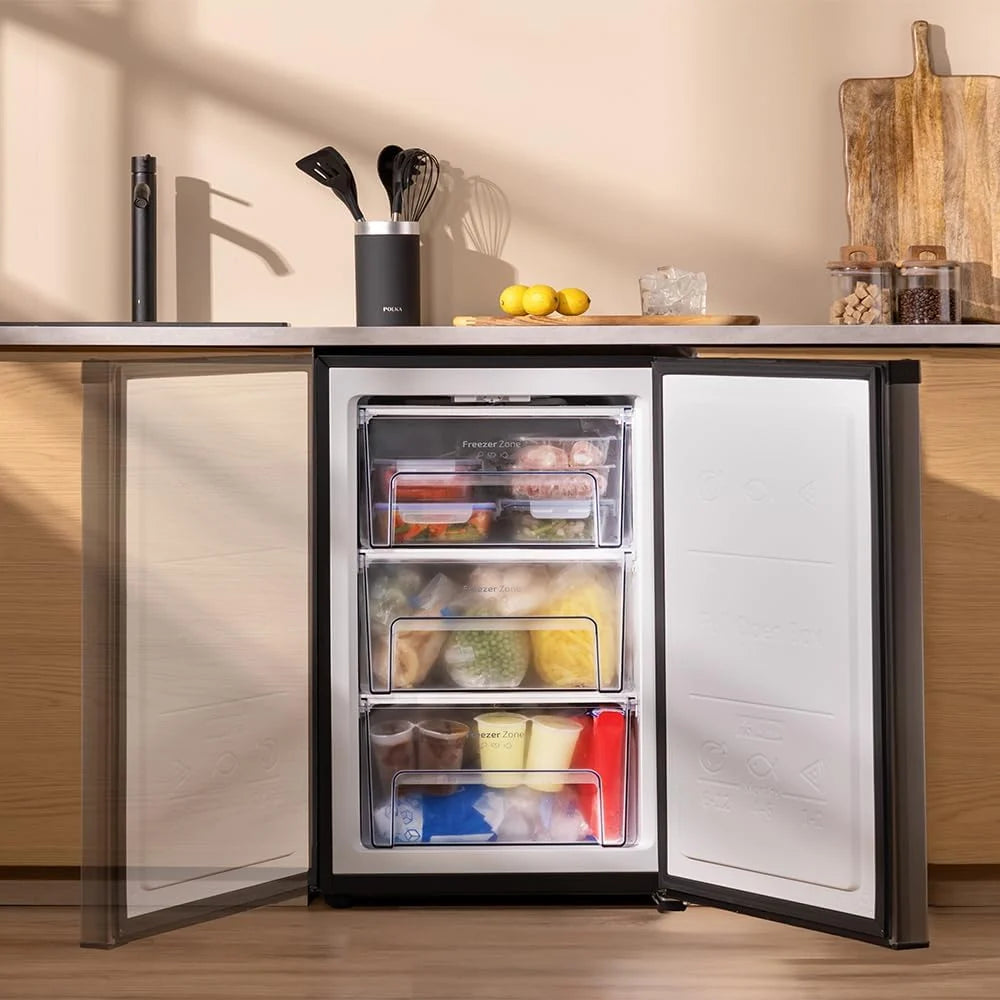 Cecotec Congelador Vertical Sobremesa 97 L Bolero CoolMarket TF 97 Inox. Clase Energética E. Diseño compacto. Puerta reversible. 3 Cajones. Medidas
