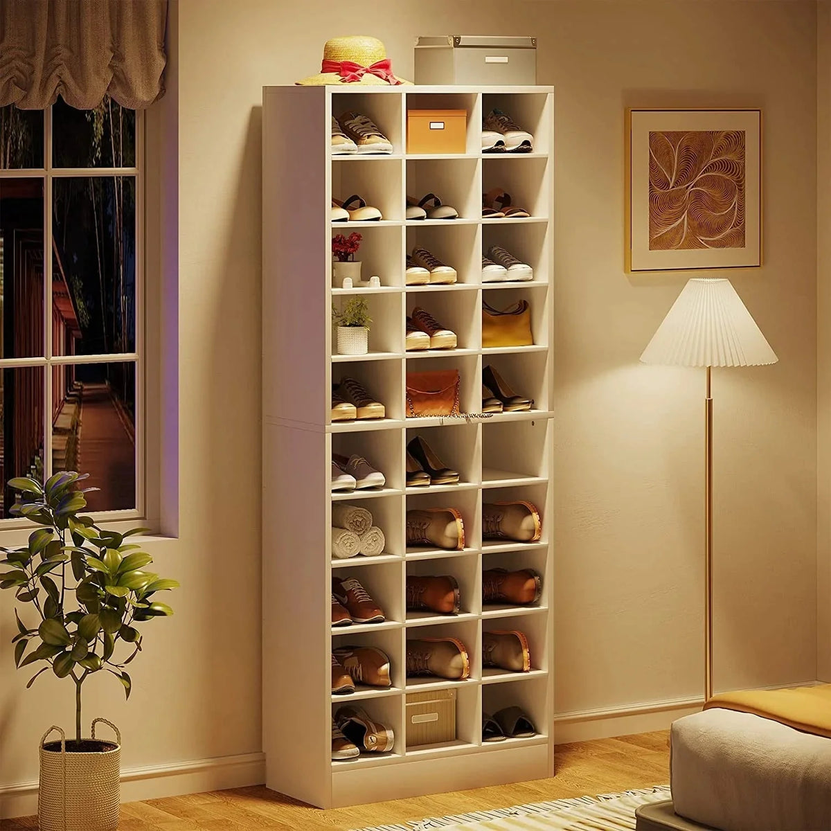 10-Tier Tall Shoe Cabinet. 30-Pair White Wood Shoe Storage Rack for Entryway and Closet