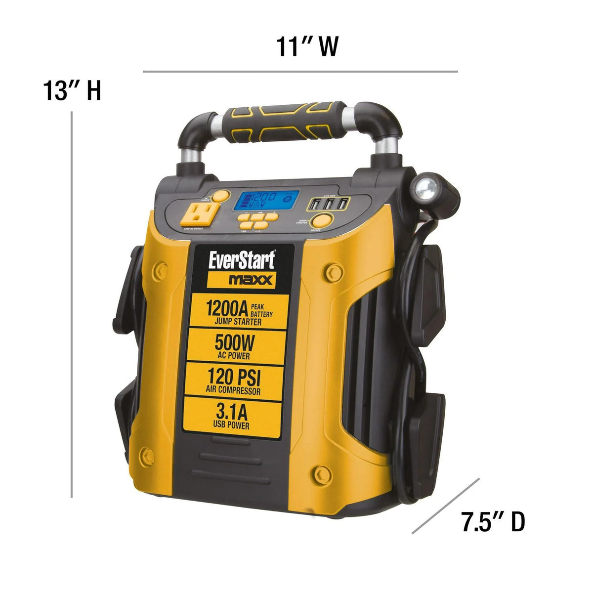 1200 Peak Amp Jump Starter & Power Station – 500W Inverter. 120 PSI Compressor