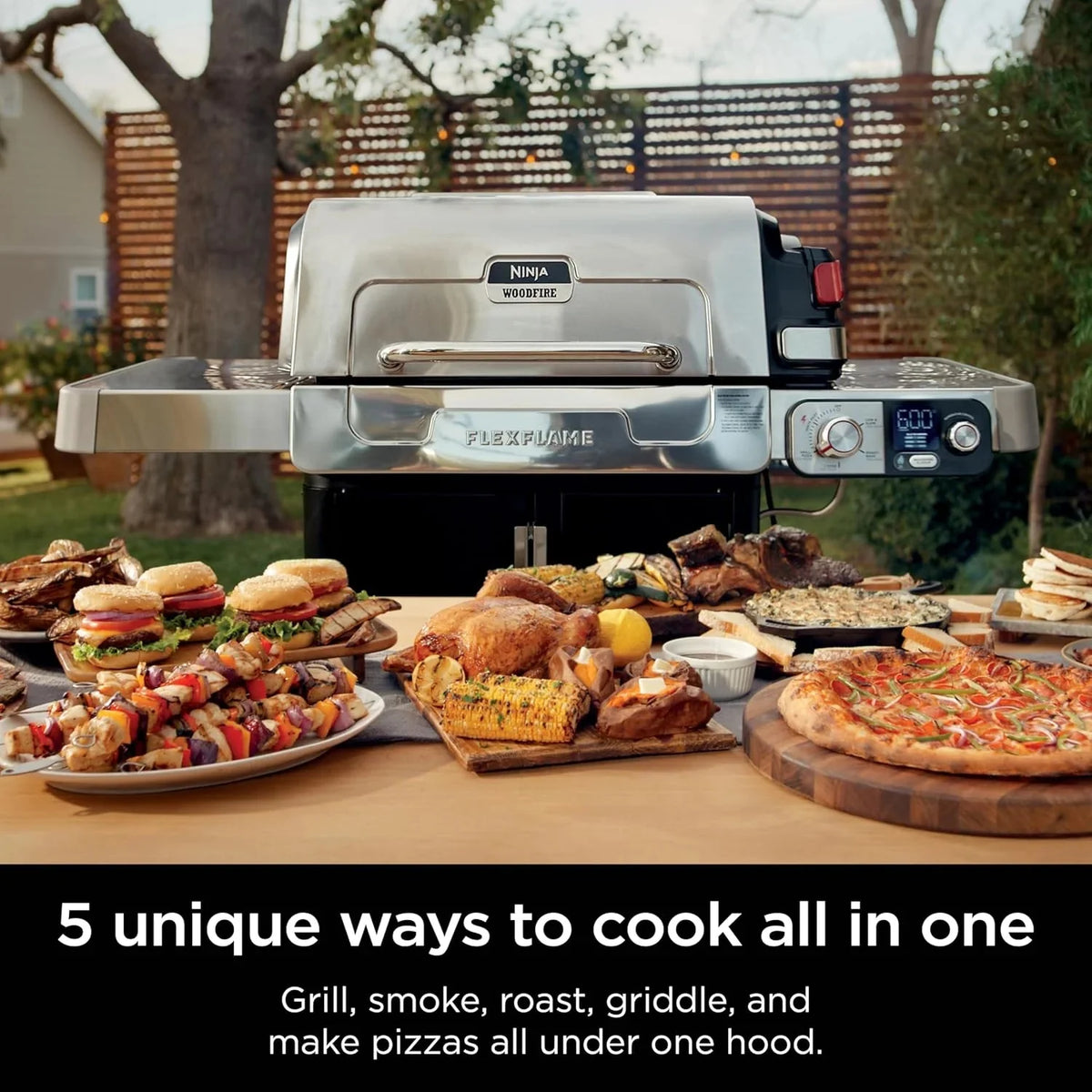 5-in-1 Electric and Propane Grill. 3-Burner Outdoor BBQ Grill and Smoker with Digital Controls. Griddle and Pizza Maker. Stainless Steel
