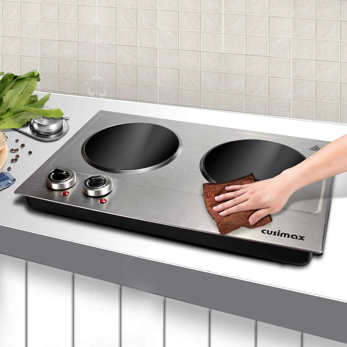 Hot Plate.1800W Ceramic Electric Hot Plate for Cooking. Dual Control Infrared Cooktop. Portable Countertop Burner. Glass Plate Electric Cooktop. Silver. Stainless Steel