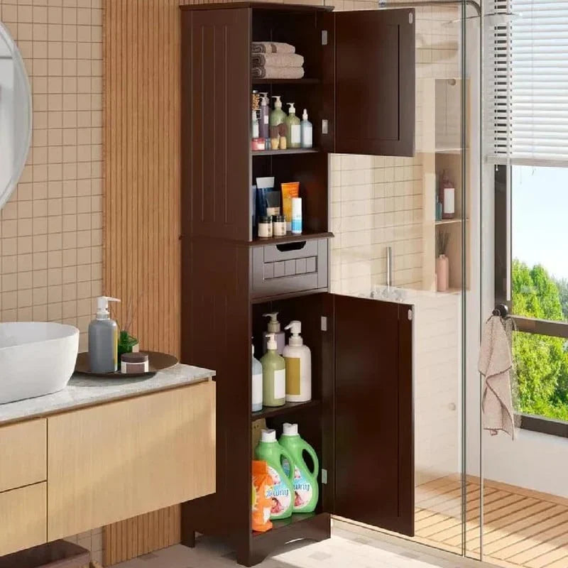 67 Inch Tall Narrow Bathroom Linen Cabinet. 5-Tier Solid Wood Freestanding Storage Cabinet