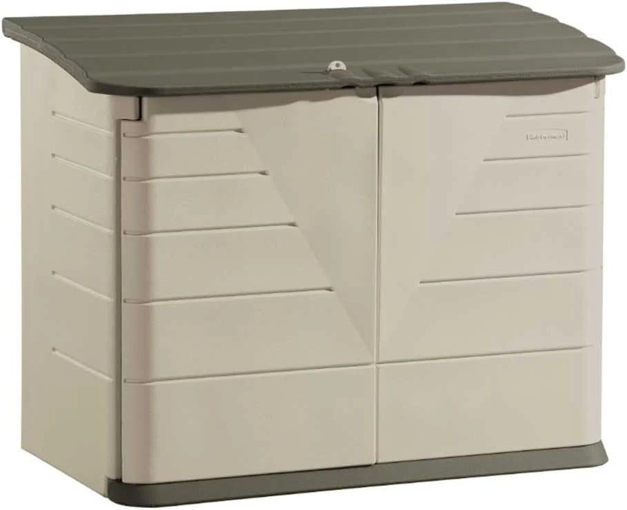 Poly resin outdoor storage shed. with floor (4.5 feet x 3 feet). weather-resistant. beige/brown. suitable for storing and organizing household/backyard/swimming pool chemicals/toys/garden tools/porch/terrace cushions.