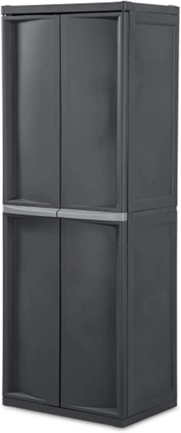 Storage Cabinet. Rugged Plastic Garage Organizer with Double Doors. 4 Adjustable Shelves. Gray