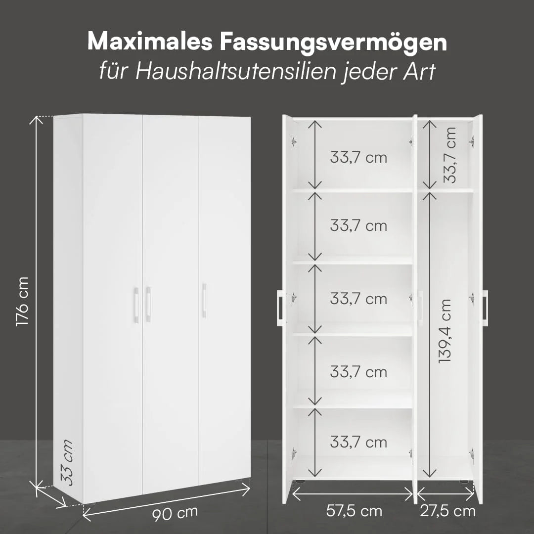 Bellamio Apol Mehrzweckschrank Weiß – Besenschrank 90 cm breit mit Stauraum – Putzschrank mit Staubsaugerfach – Vorratsschrank Küche - Aktenschrank