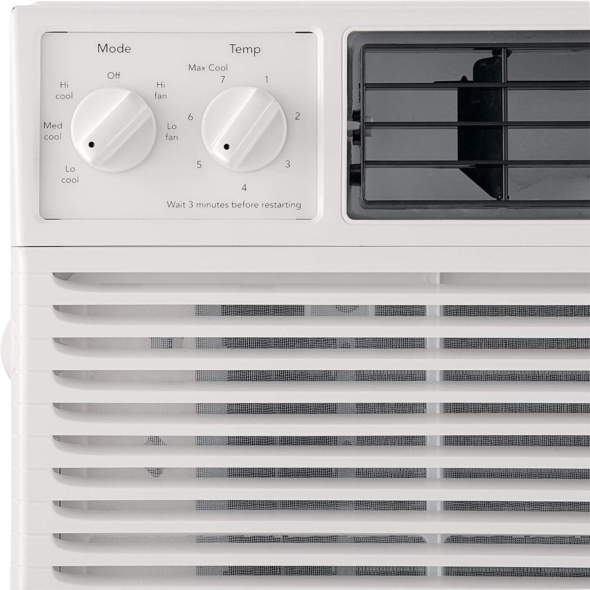5000-watt window air conditioner. with a cooling area of 250 square feet. operates quietly. has easy and convenient temperature adjustment. 2 fan speeds. automatic restart function. and a white appearance