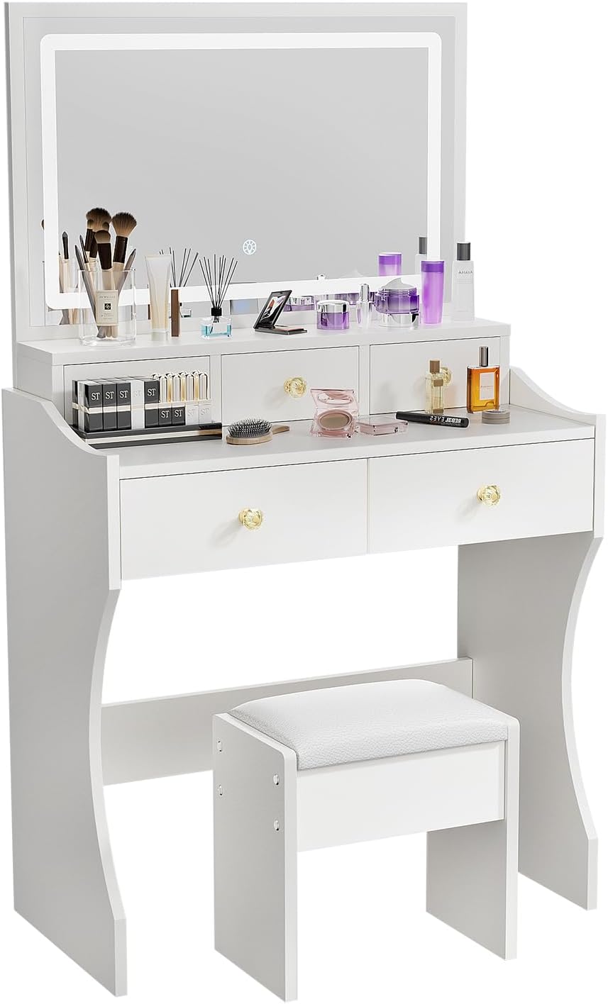 Makeup Table with Extra Large Mirror and Lights. 80cm Dressing Table with Stool