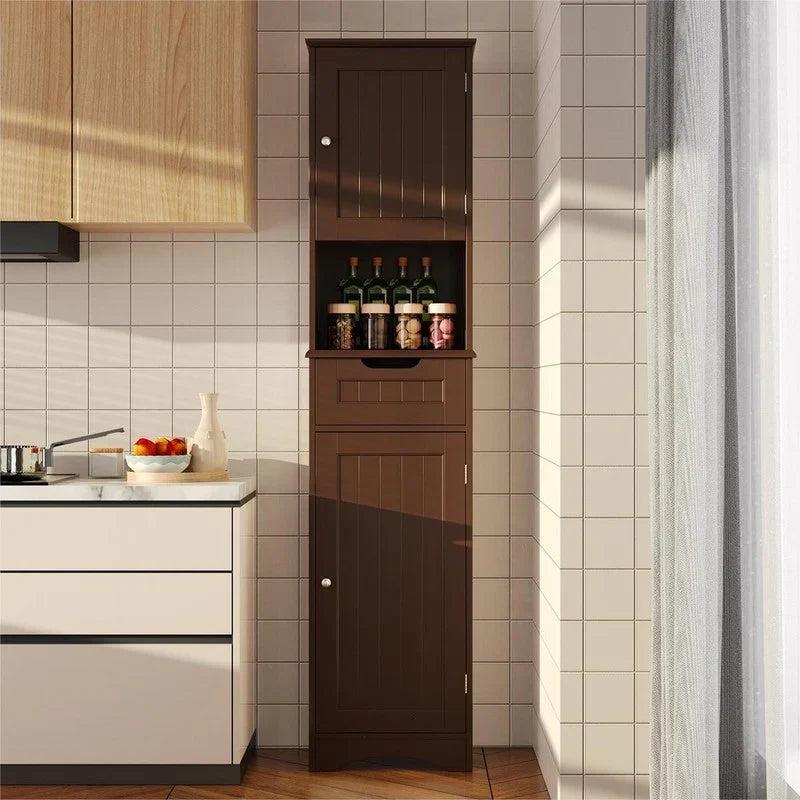67 Inch Tall Narrow Bathroom Linen Cabinet. 5-Tier Solid Wood Freestanding Storage Cabinet