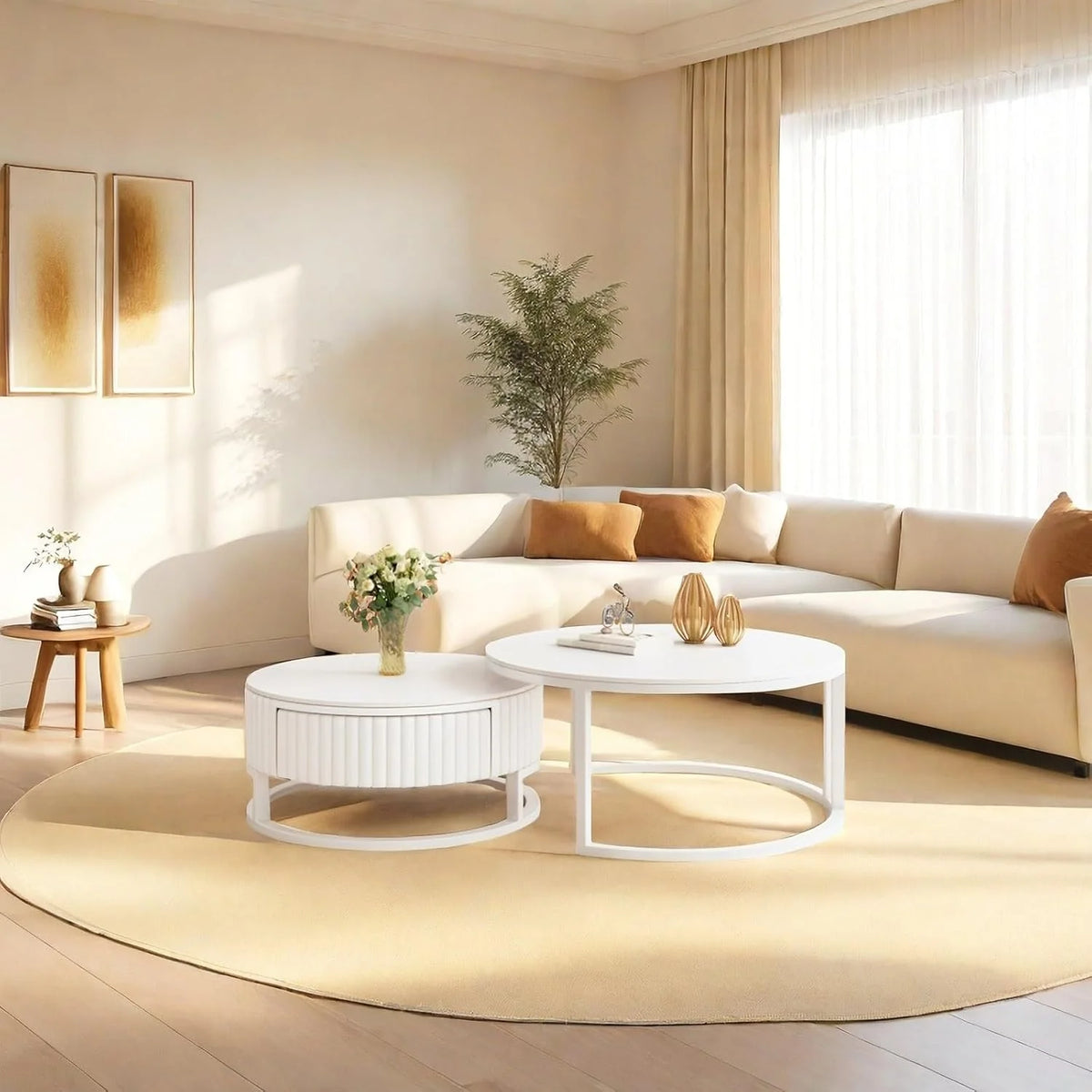 2er Set Couchtisch Rund Weiss 50+70cm Wohnzimmertisch Weiß Runder Couchtisch Mit Stauraum Marmor Beistelltisch Stabilem Metallgestel Satztische Fürs