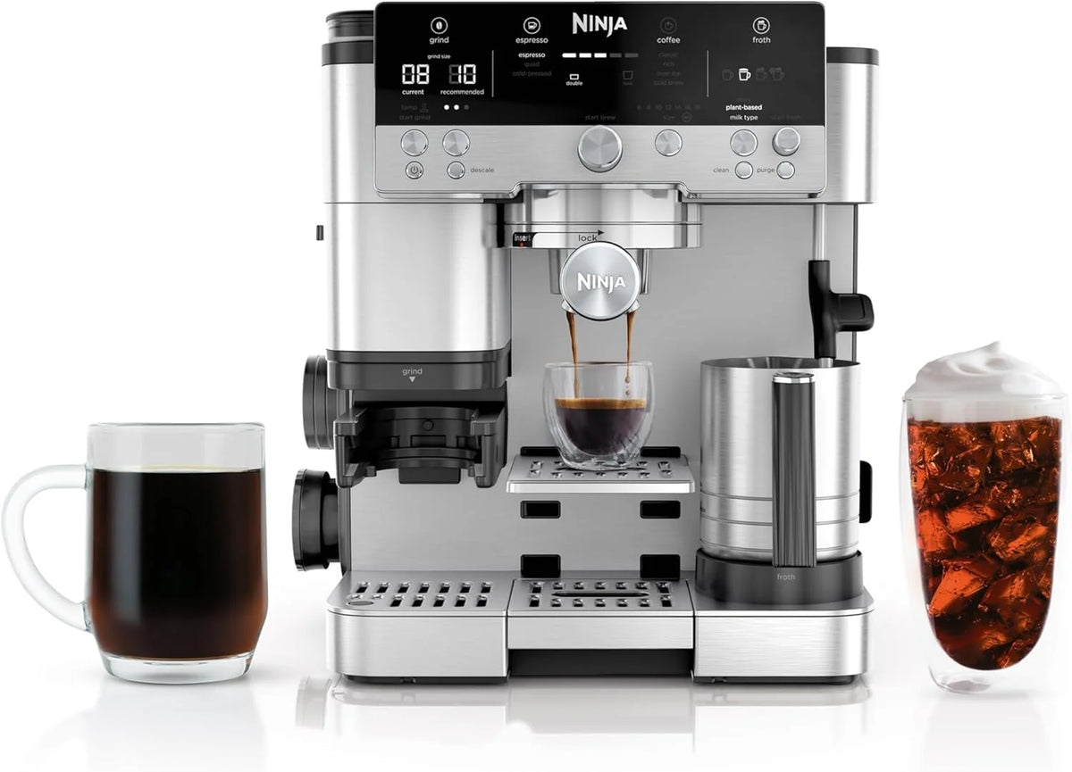 Italian coffee machine. drip coffee machine. rapid cold brew coffee machine. integrated grinder. hand-free milk frother. equipped with a strike plate. water filter. cleaning sheet. descaling agent