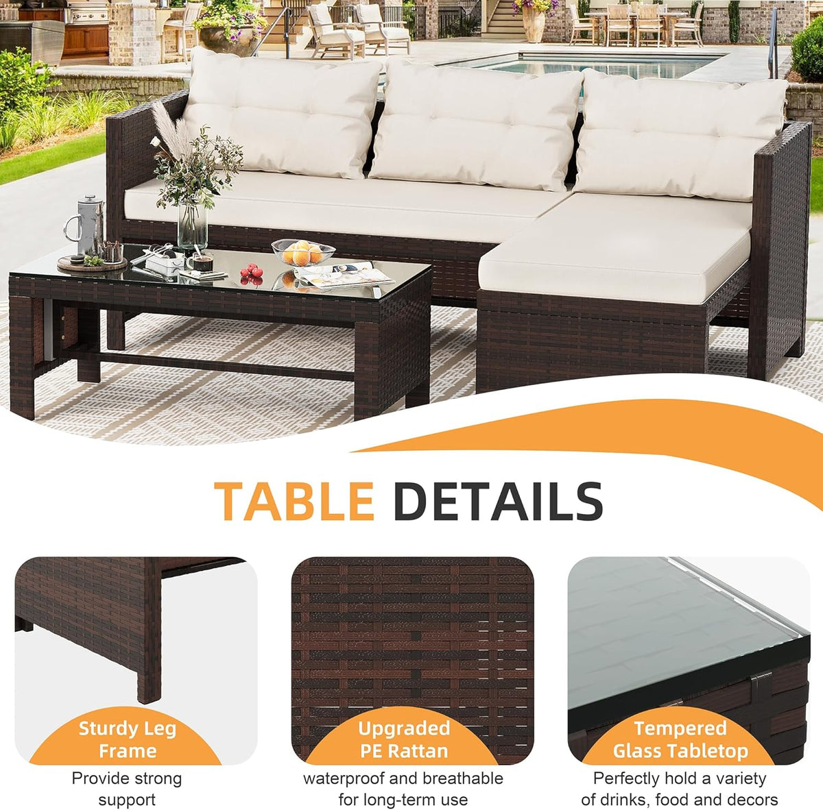 Outdoor Patio Furniture Sets. Wicker Patio sectional Sets 3-Piece. All Weather Wicker Rattan Patio Seating Sofas with Glass Coffee Table and Cushion (Beige)
