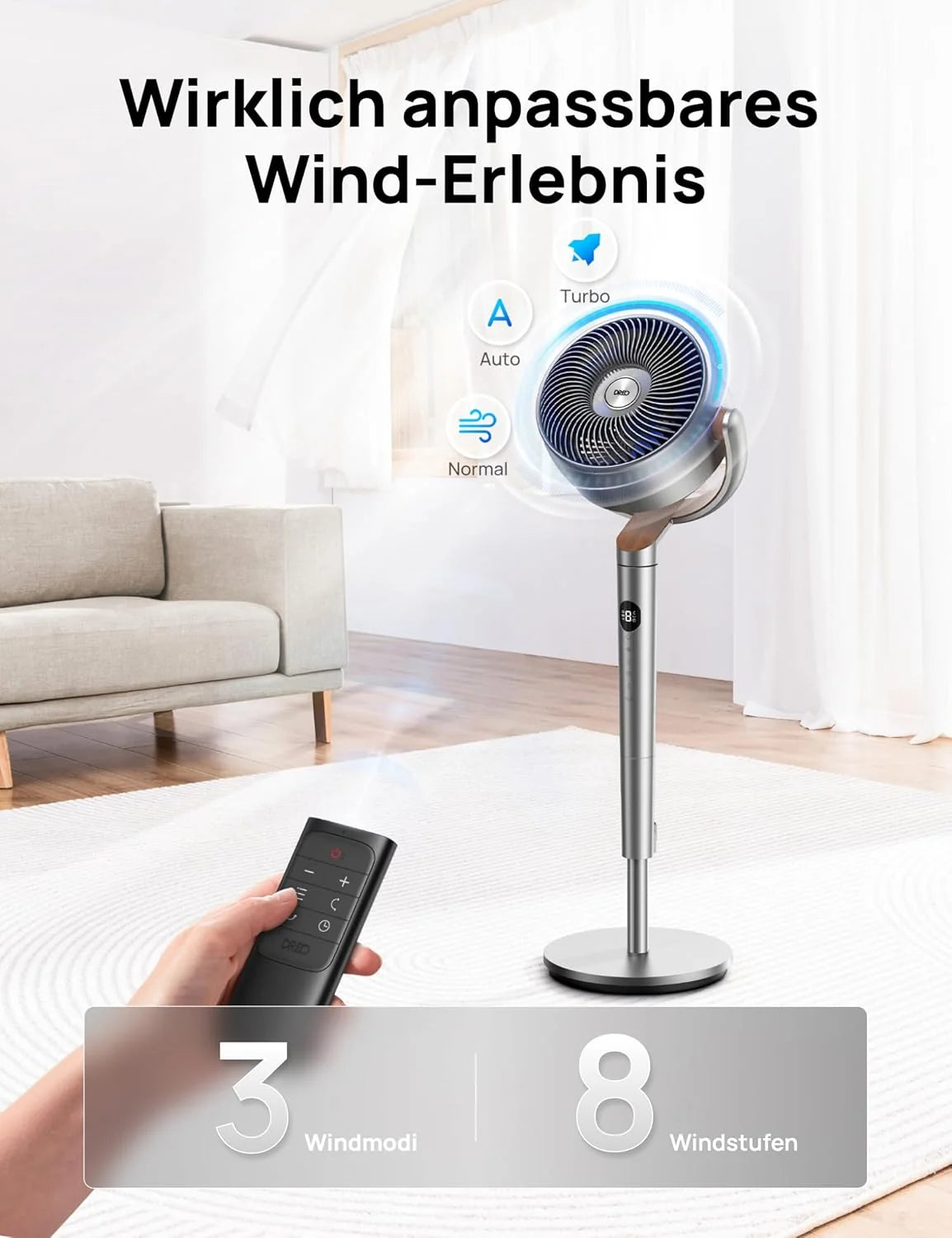 Dreo 20dB leiser Standventilator. 120°+120° Omni-direktionale oszillierende Ventilator. 26M Windentfernung. 1200m³/h Luftvolumen Echt Turbo-
