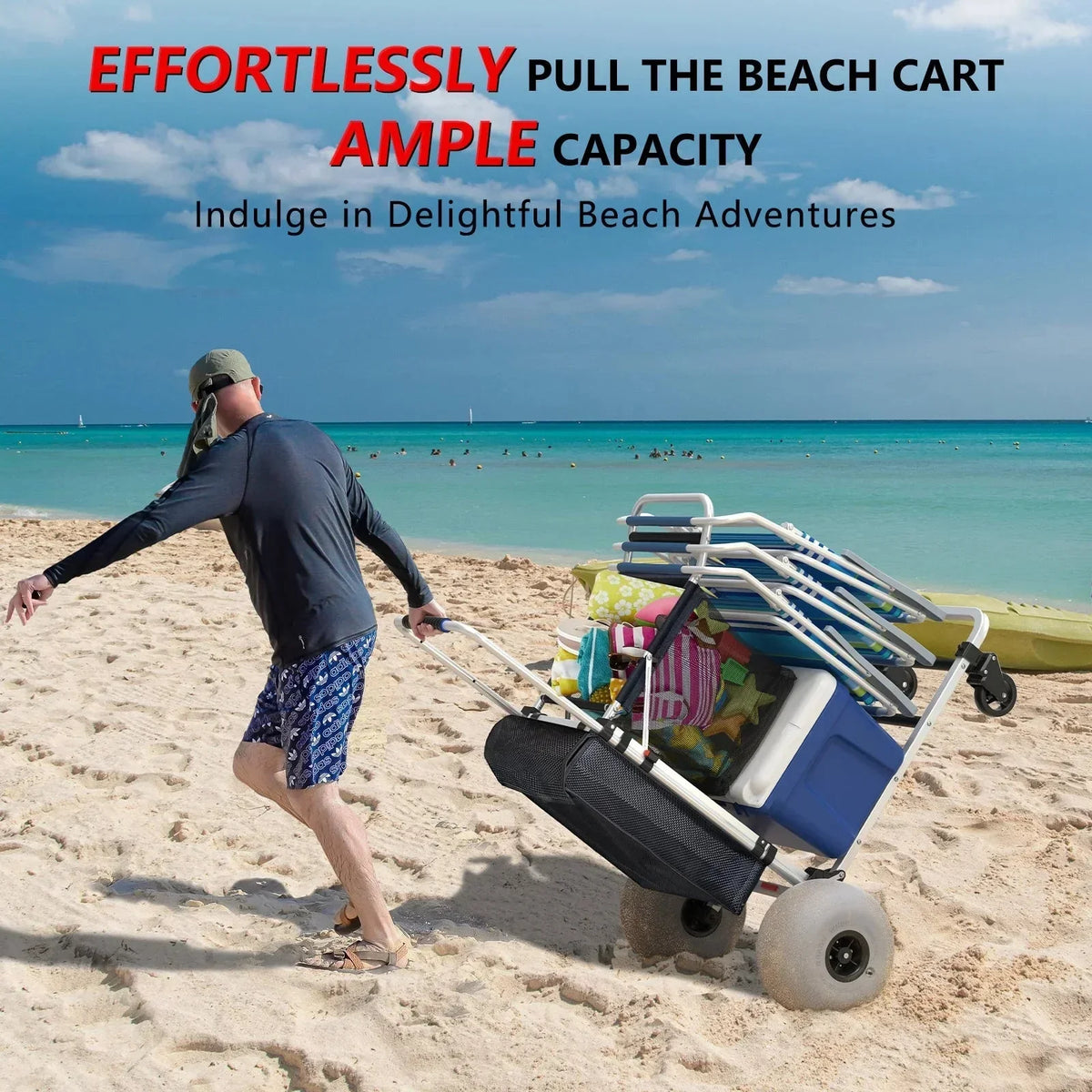 Foldable Beach Cart with Adjustable Handle and 12 Balloon Wheels. Heavy Duty Aluminum 220LBS Capacity