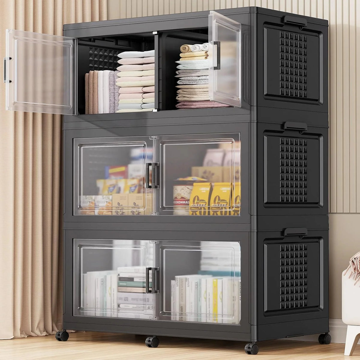 200Gal Extra Large Plastic Storage Bins with Lid & Wheels. Stackable Collapsible Bins with Dividers. Cube Closet Organizers and Storage Cabinet Shelves Box Roomy for Home Kitchen.4Pack White