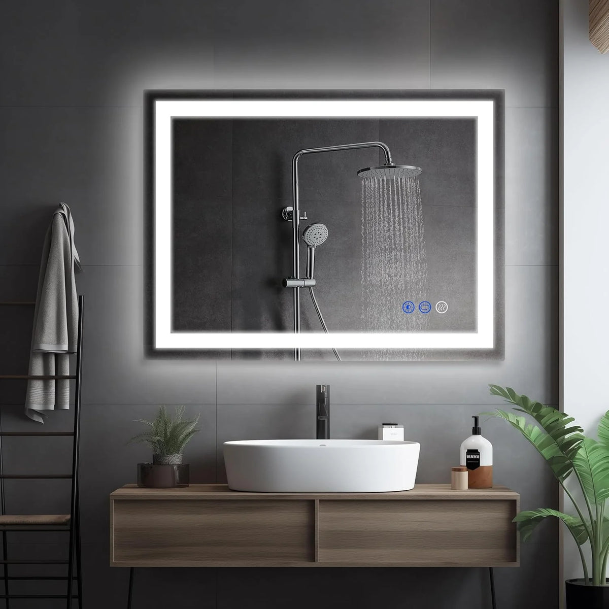 LED wall-mounted makeup mirror with lights - suitable for wall-mounted large makeup tables. Features intelligent touch buttons. anti-fog. water resistance. adjustable dimming. color adjustment. and magnifying glass function.