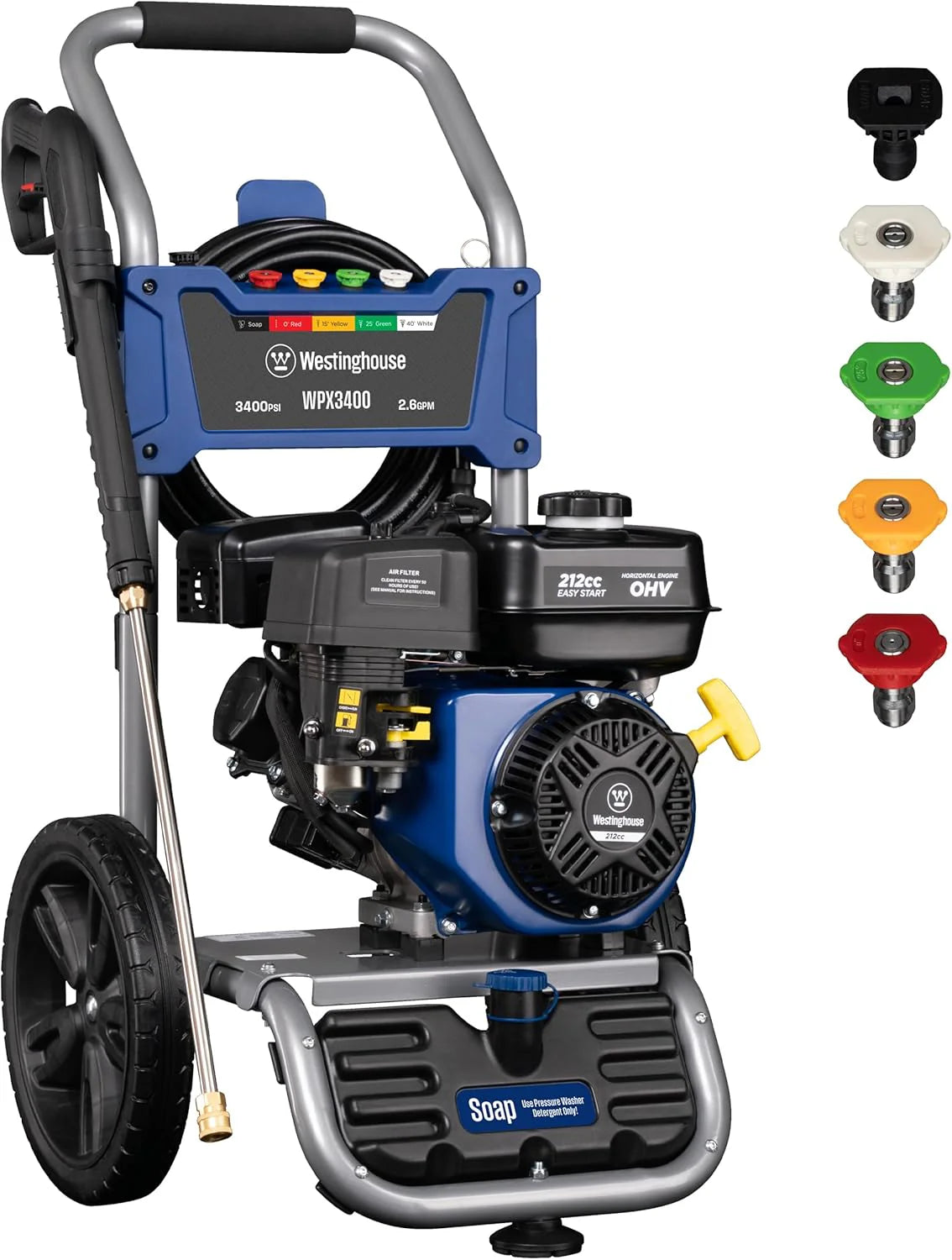 WPX3400 Gas Pressure Washer. 3400 PSI and 2.6 Max GPM. Onboard Soap Tank. Spray Gun and Wand. 5 Nozzle Set. for Cars/Fences/Driveways/Homes/Patios/Furniture