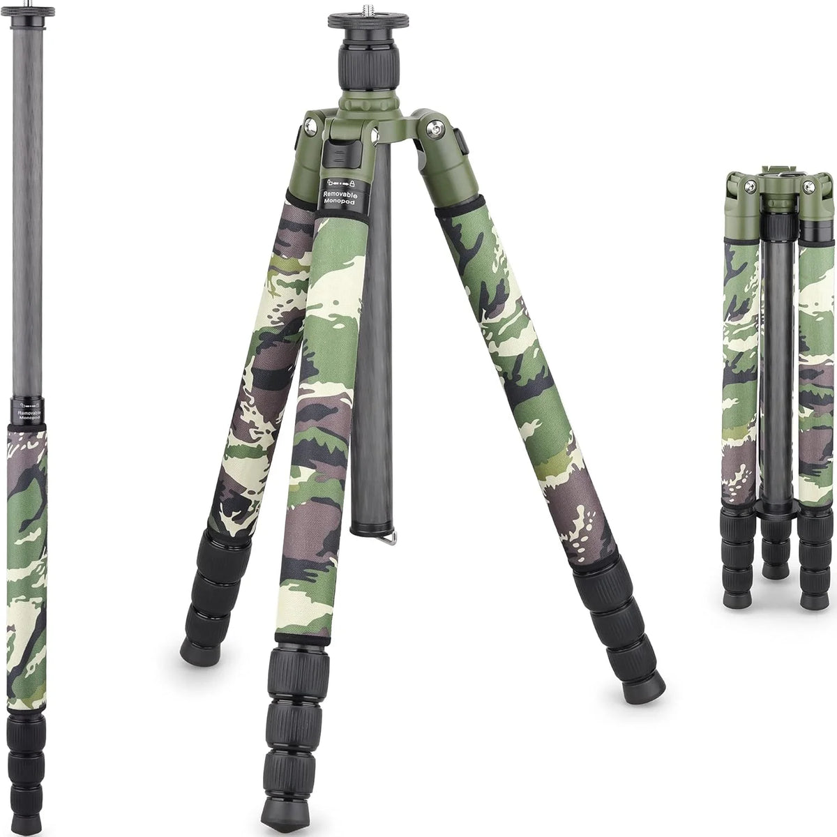 Super professional bracket. with low center of gravity. featuring low gravity effect. 360-degree rotating panoramic spherical connector. and green camouflage leg covers. suitable for digital single-lens reflex cameras.