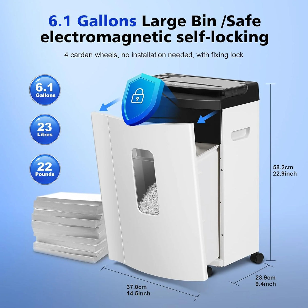 150 Sheet Auto-Feed Micro Cut Paper Shredder for Home Office Use. P-5 Super High Security (5/64 x 19/32 inches). Large 6-Gallon Bin. 20-Min Continuous Run. 55dB Ultra-Quiet. White