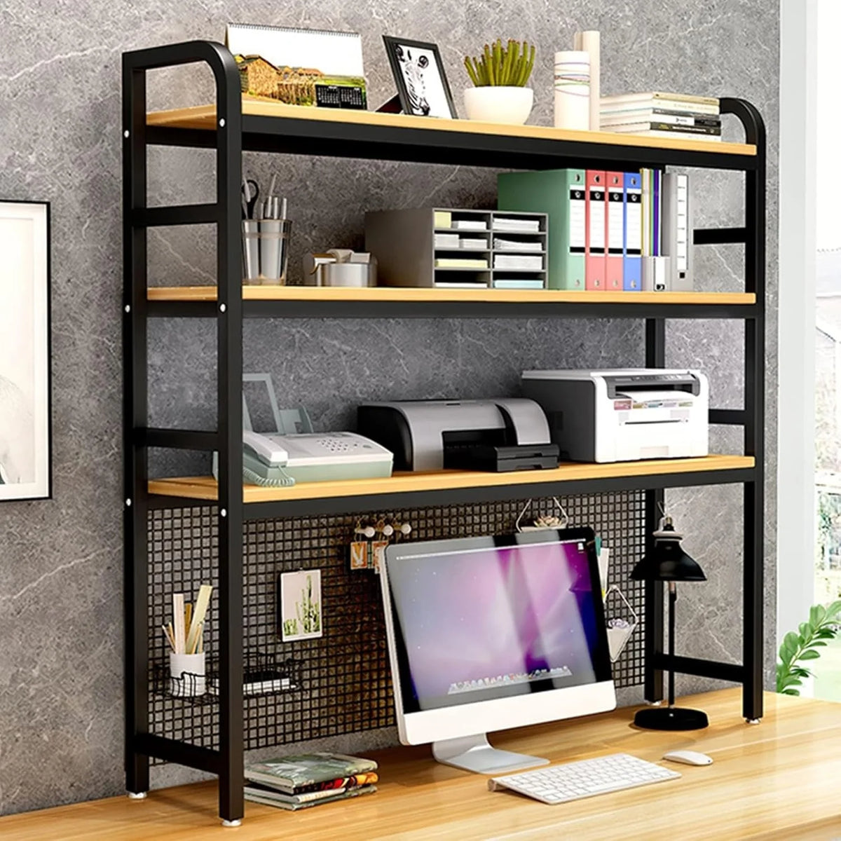 Desktop Bookshelf Adjustable Desk Bookshelf Organizer Rack - Countertop Hutch Bookshelf. 3-Tier Bookshelf Desk Shelf. All Metal Desktop Bookcase for Computer Desk. for Home. Dorm. Office Supplies (Co