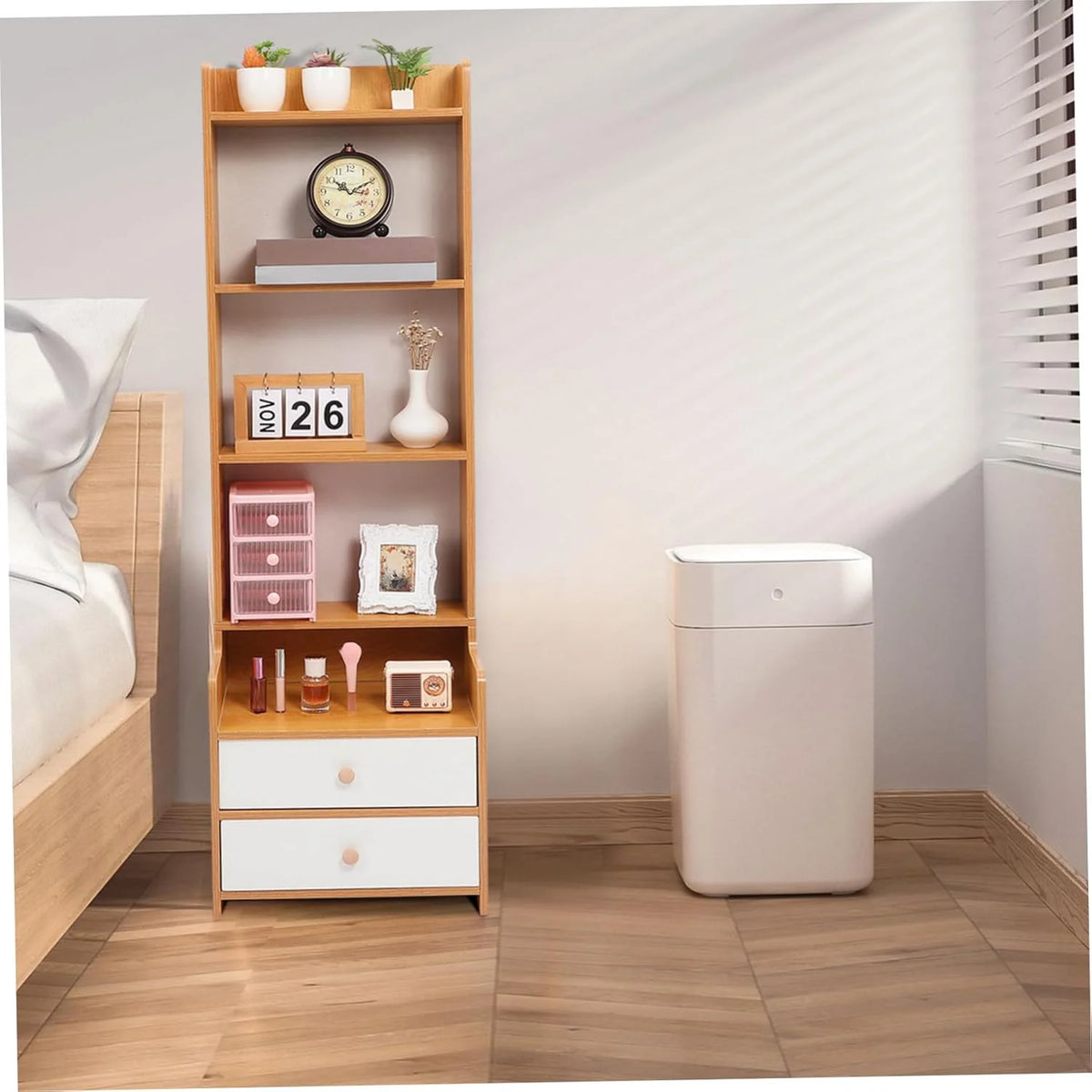 High platform bedside cabinet storage rack. Wooden bedside table with open shelves. Abundant storage space. simple design. suitable for bedroom furniture. Easy to assemble. with a rustic style and warm surface treatment.