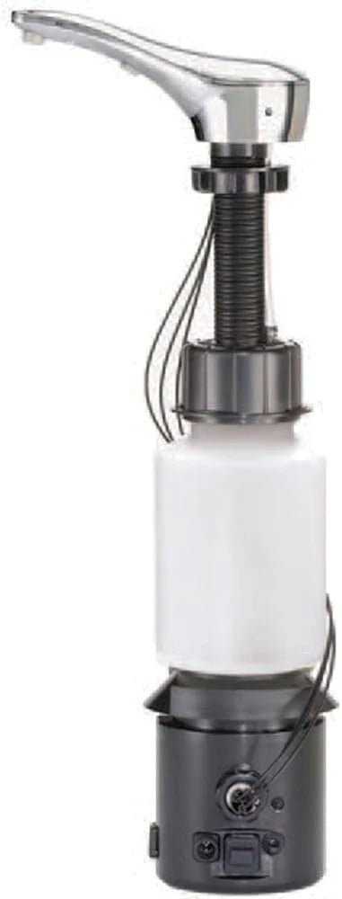Automatic liquid soap dispenser. with a top-mounted contactless soap nozzle. capacity 34 ounces (1.0 liters). can be placed on the countertop of a public restroom. installation diameter 1-3/8 inches. chrome surface treatment.