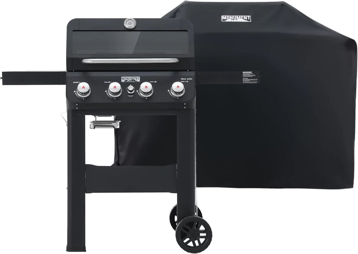 Grills 4-Burner Liquid Propane Gas Grill. Silver Stainless Steel Grill Outdoor Patio Garden Barbecue Grill with Clearview® Lid and One Foldable Shelf. Mesa400MF