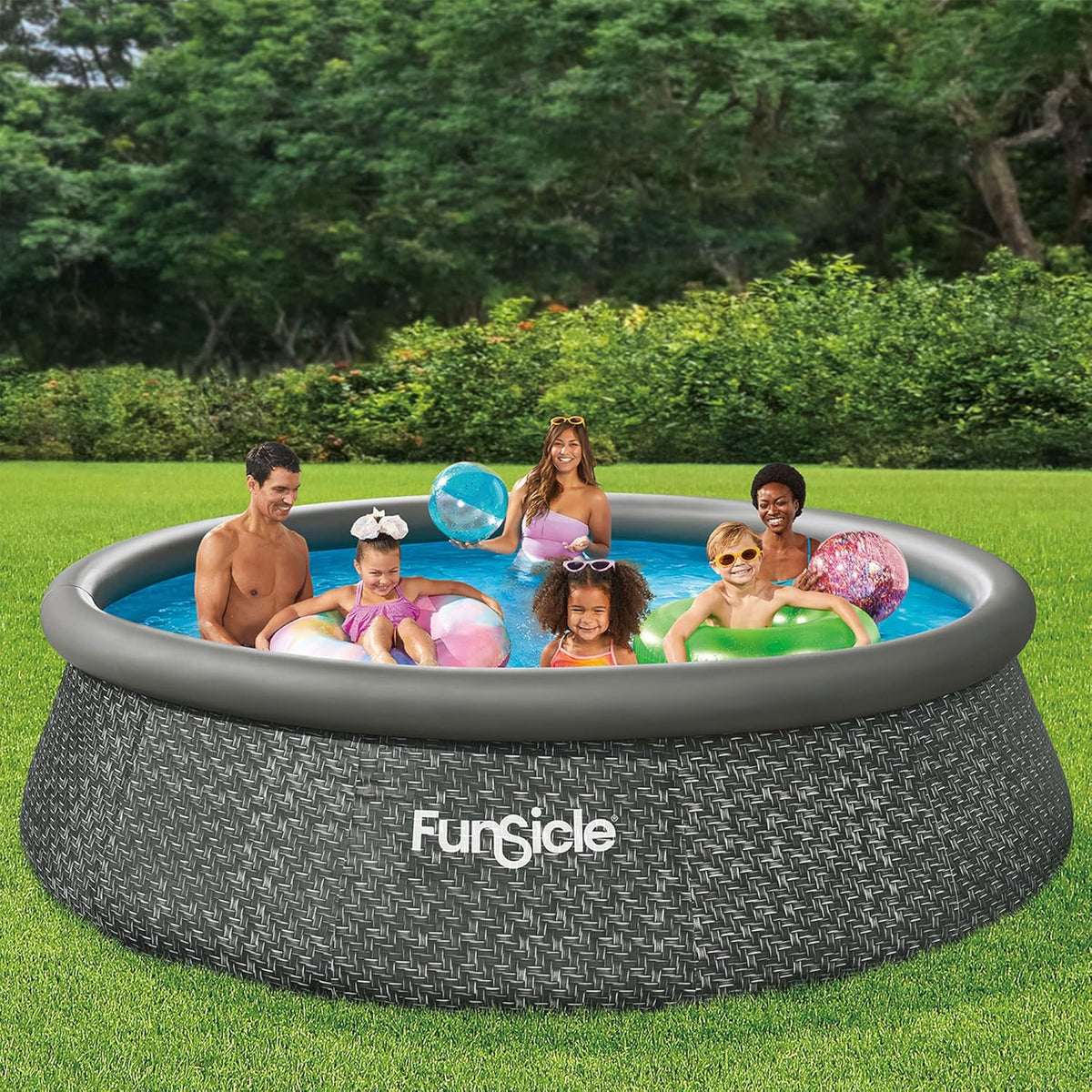 12 Foot by 36 Inch Quickset Round Inflatable Ring Top Outdoor Above Ground Swimming Pool Set with Pump and Cartridge Filter. Dark Herringbone