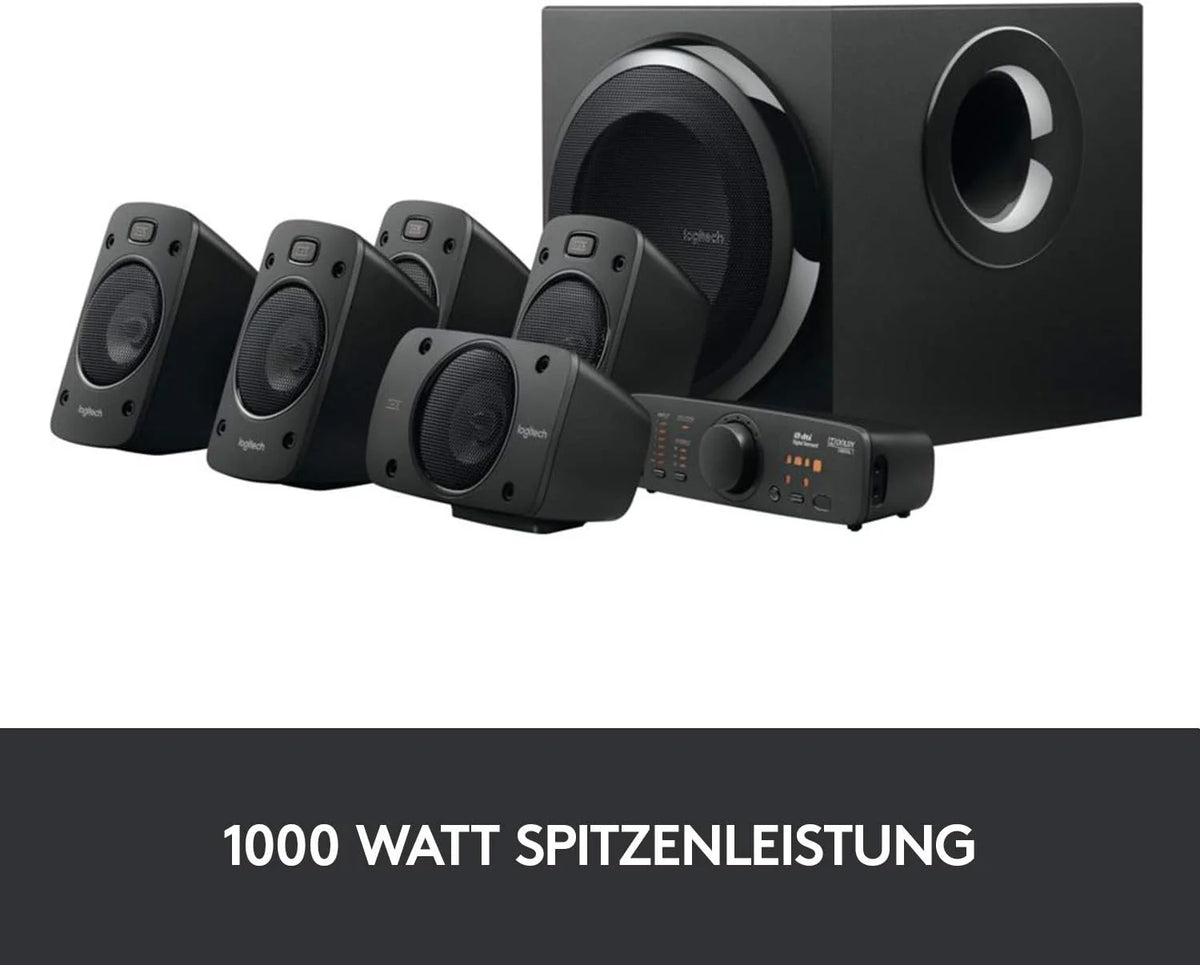 Logitech Z906 5.1 Sound System. Lautsprecher mit 1000 Watt Surround Sound. THX. Mehrere Audio-Eingänge. Fernbedienung. EU Stecker. PC/PS4/Xbox/Stereo-