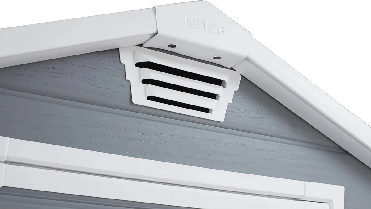 Keter Manor 4X6 - Caseta de jardín. 130x192x198cm y 2.2m2. Suelo. Sistema de ventilación. Puerta y Ventana. Resistente al Agua. Color Gris