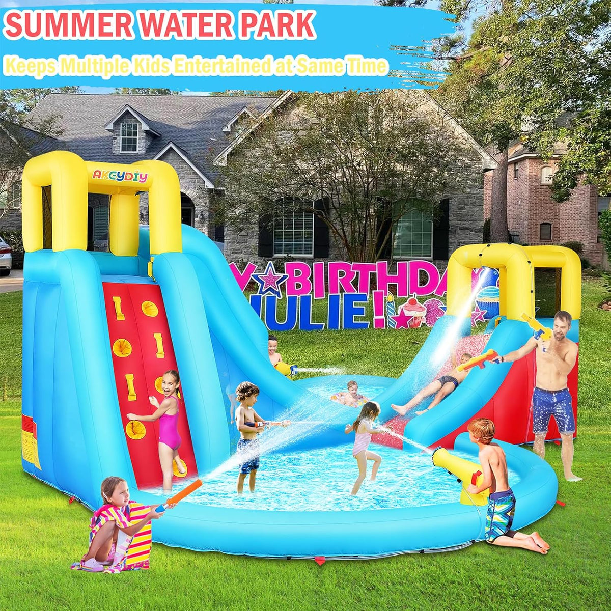 Inflatable Water Slide. 6 in 1 Outdoor Inflatable Water Park with Climbing. Basketball Rim. Splash Pool. Water Cannon. Blow up Water Slides for Kids Backyard