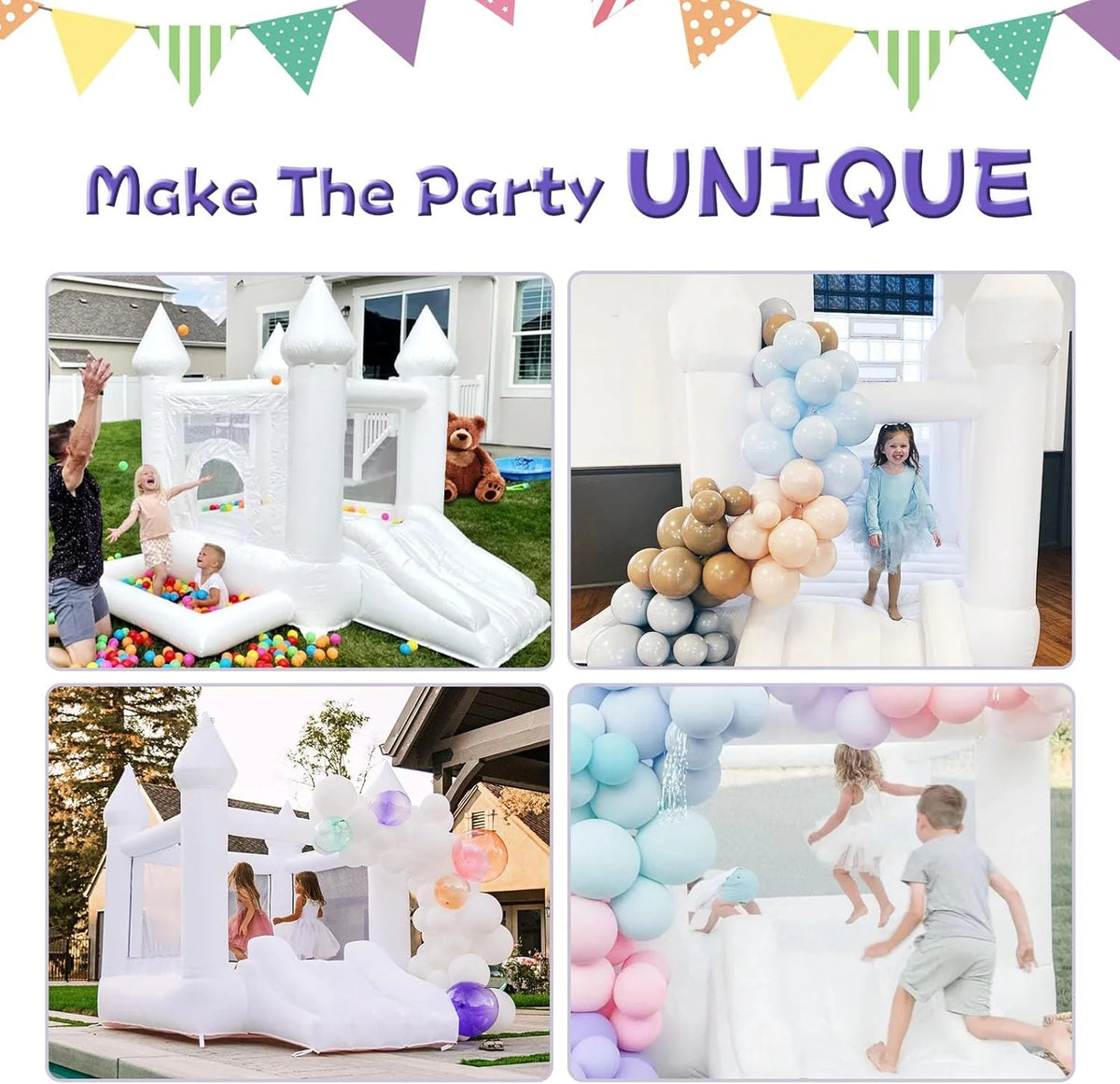 White Bounce House Indoor Outdoor Bouncy Castle for Kids 2-8 Oxford Toddler Bounce House with Slide Balloon & Blower.103 x 71 x 90 inch.Children's Birthday Party Easter Party Gifts