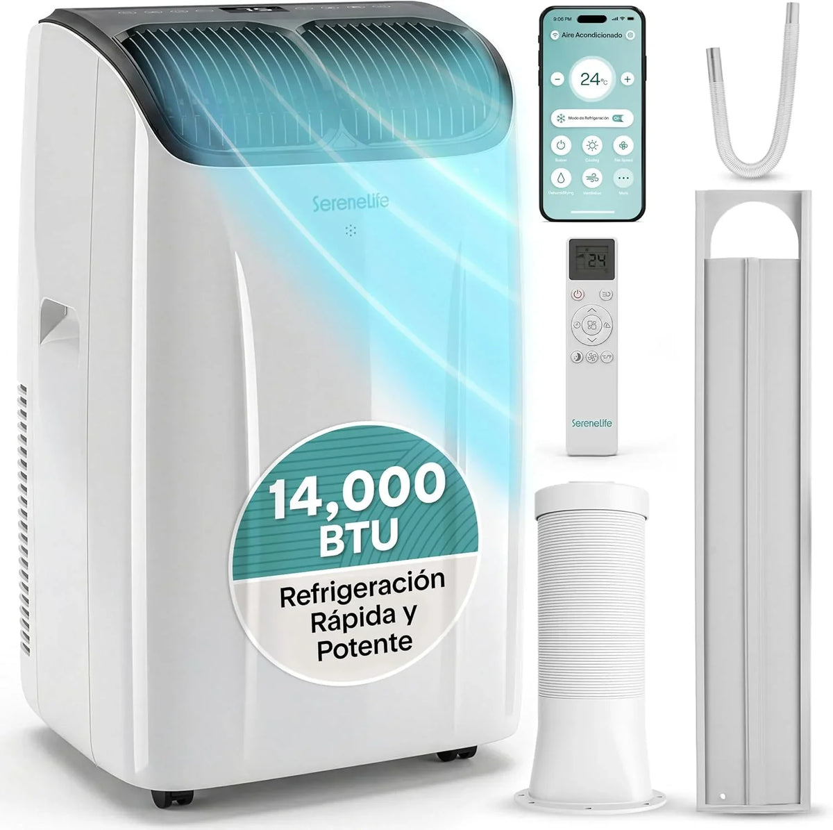 SereneLife Aire Acondicionado Portátil 14000 BTU con WiFi. Climatizador 3 en 1 Frío. Ventilación y Deshumidificador. Smart con Kit de Ventana. para