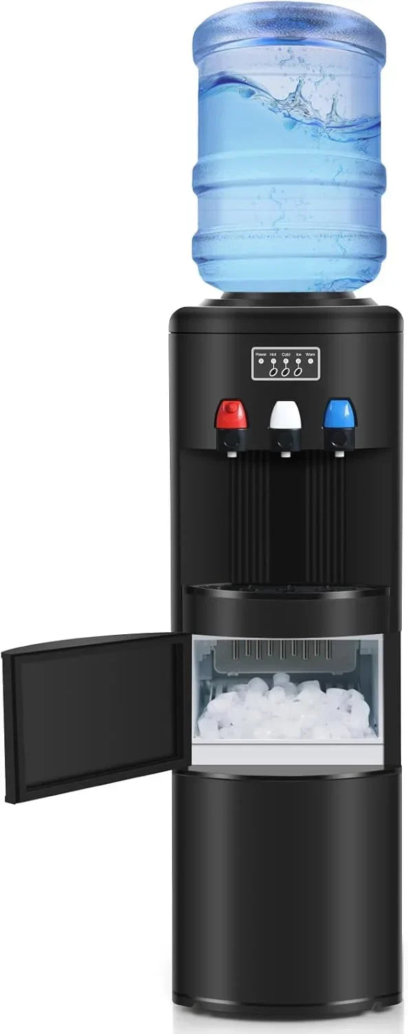 3-in-1 Hot & Cold Water Cooler with Built-in Ice Maker – Top Loading for 3-5 Gallon Bottles. Child Safety Lock. Black